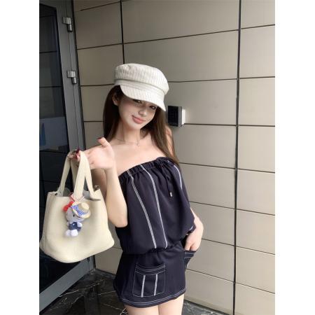 BY16384# 抽绳松紧抹胸裙撞色线收腰显瘦卫衣连衣裙 服裝批發女裝批發服飾貨源