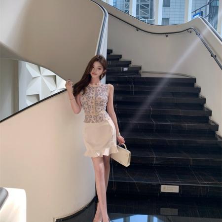 BY16386# 气质名媛蕾丝刺绣花边背心上衣+包臀半身裙套装两件套 服裝批發女裝批發服飾貨源