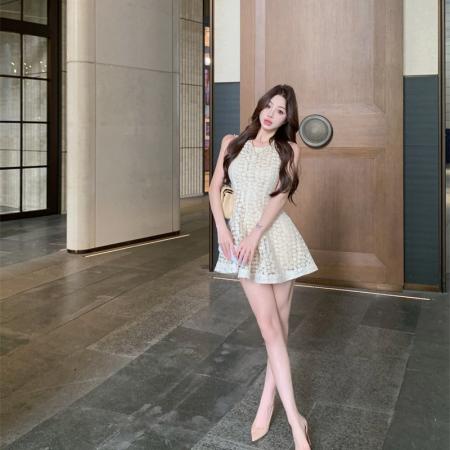 BY16388# 千金感重工小雏菊刺绣蕾丝无袖收腰连衣裙 服裝批發女裝批發服飾貨源