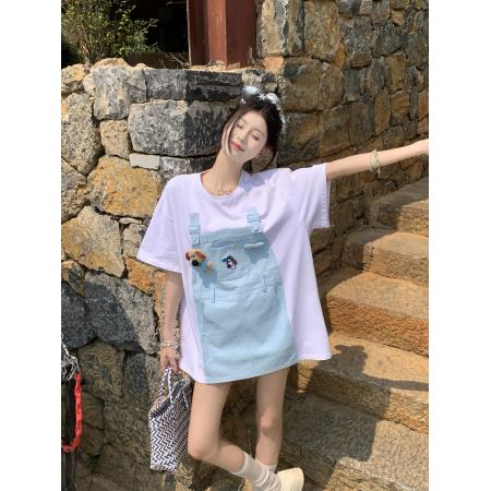 BY16389# 卡通刺绣休闲假两件减龄短袖T恤宽松显瘦上衣 服裝批發女裝批發服飾貨源