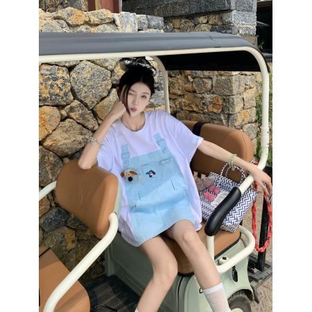 BY16389# 卡通刺绣休闲假两件减龄短袖T恤宽松显瘦上衣 服裝批發女裝批發服飾貨源