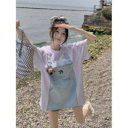 BY16389# 卡通刺绣休闲假两件减龄短袖T恤宽松显瘦上衣 服裝批發女裝批發服飾貨源