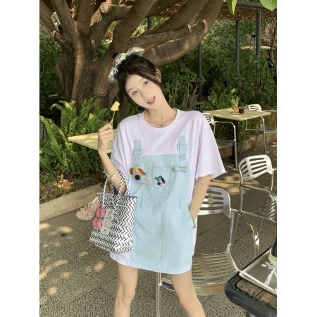 BY16389# 卡通刺绣休闲假两件减龄短袖T恤宽松显瘦上衣 服裝批發女裝批發服飾貨源