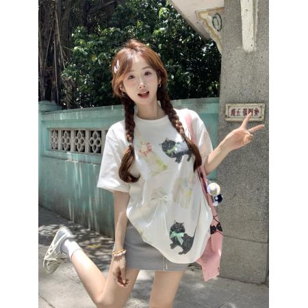 BY16390# 韩系卡通猫咪印花宽松百搭气质短袖T恤 服裝批發女裝批發服飾貨源