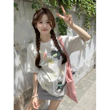 BY16390# 韩系卡通猫咪印花宽松百搭气质短袖T恤 服裝批發女裝批發服飾貨源