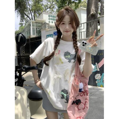 BY16390# 韩系卡通猫咪印花宽松百搭气质短袖T恤 服裝批發女裝批發服飾貨源