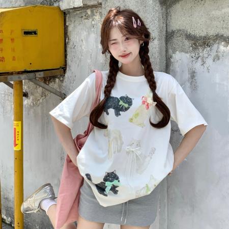 BY16390# 韩系卡通猫咪印花宽松百搭气质短袖T恤 服裝批發女裝批發服飾貨源