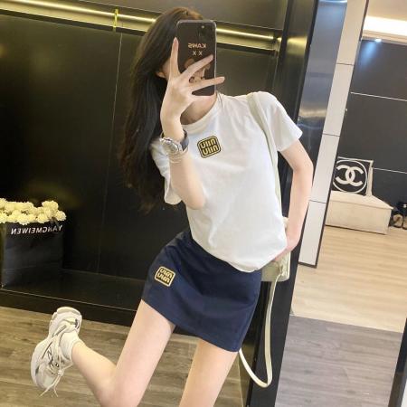 BY16394# 夏季新款韩系学院风刺绣圆领字母短袖T恤女高级感半身裙时尚套装 服裝批發女裝批發服飾貨源