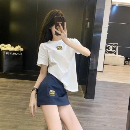 BY16394# 夏季新款韩系学院风刺绣圆领字母短袖T恤女高级感半身裙时尚套装 服裝批發女裝批發服飾貨源
