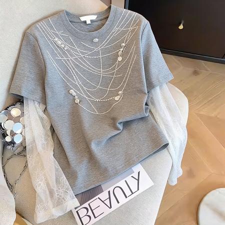 BY16395# 原版质量美式复古假两件重工钉珠圆领短袖T恤春夏新款休闲上衣潮 服裝批發女裝批發服飾貨源