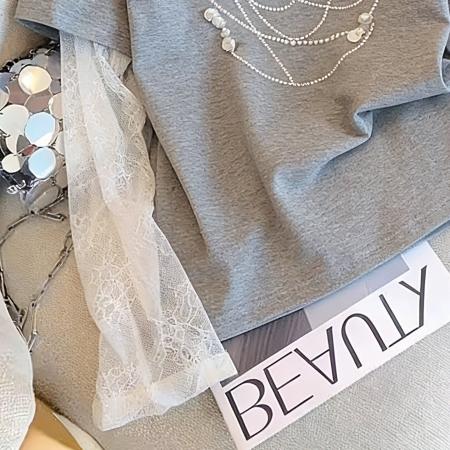 BY16395# 原版质量美式复古假两件重工钉珠圆领短袖T恤春夏新款休闲上衣潮 服裝批發女裝批發服飾貨源