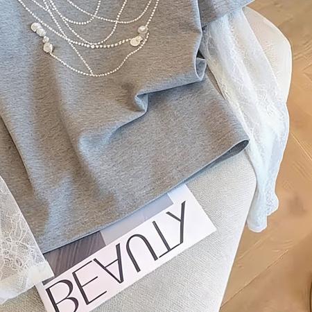 BY16395# 原版质量美式复古假两件重工钉珠圆领短袖T恤春夏新款休闲上衣潮 服裝批發女裝批發服飾貨源