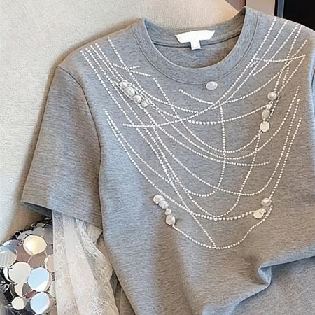 BY16395# 原版质量美式复古假两件重工钉珠圆领短袖T恤春夏新款休闲上衣潮 服裝批發女裝批發服飾貨源