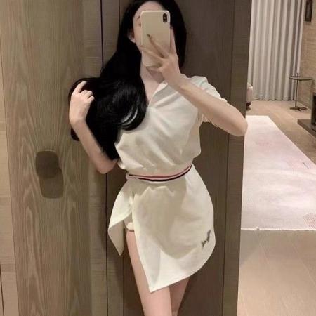 BY16397# 韩系小香风减龄套装女夏撞色翻领短袖上衣高腰开衩裙两件套潮 服裝批發女裝批發服飾貨源