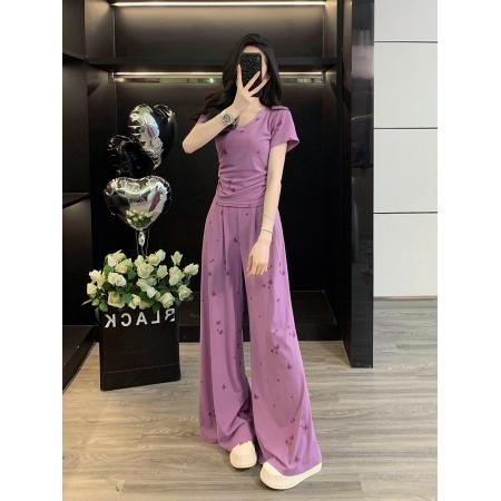 BY16398# 巨好看的夏装套装女显瘦气质修身紫色短袖垂坠感喇叭裤休闲两件套 服裝批發女裝批發服飾貨源