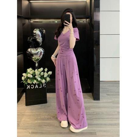 BY16398# 巨好看的夏装套装女显瘦气质修身紫色短袖垂坠感喇叭裤休闲两件套 服裝批發女裝批發服飾貨源