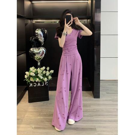 BY16398# 巨好看的夏装套装女显瘦气质修身紫色短袖垂坠感喇叭裤休闲两件套 服裝批發女裝批發服飾貨源