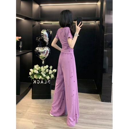 BY16398# 巨好看的夏装套装女显瘦气质修身紫色短袖垂坠感喇叭裤休闲两件套 服裝批發女裝批發服飾貨源
