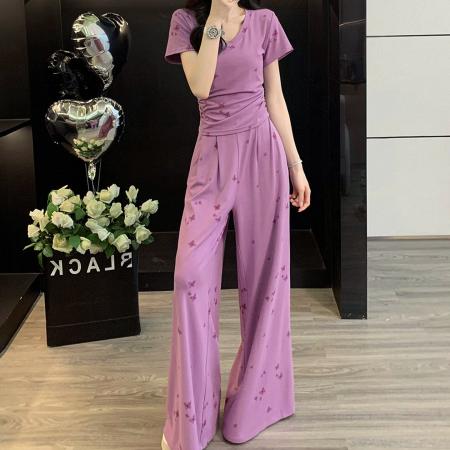 BY16398# 巨好看的夏装套装女显瘦气质修身紫色短袖垂坠感喇叭裤休闲两件套 服裝批發女裝批發服飾貨源