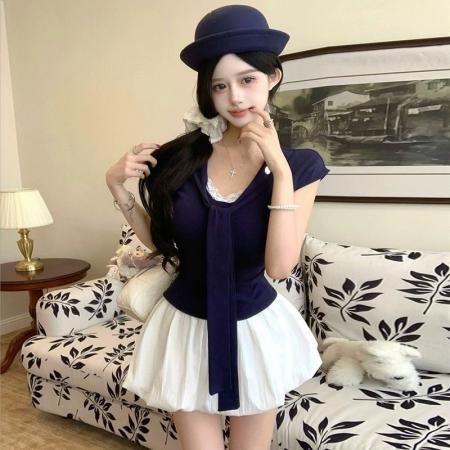 BY16399# 原版质量甜辣妹学院风套装女夏蕾丝拼接T恤花苞半裙两件套潮 服裝批發女裝批發服飾貨源