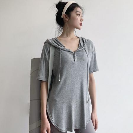 BY16400# 原版韩系连帽运动上衣女夏季普拉提宽松百搭显瘦罩衫t恤瑜伽服潮 服裝批發女裝批發服飾貨源