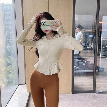 BY16401# 原版弹力连帽瑜伽外套女跑步运动速干长袖普拉提健身衣 服裝批發女裝批發服飾貨源