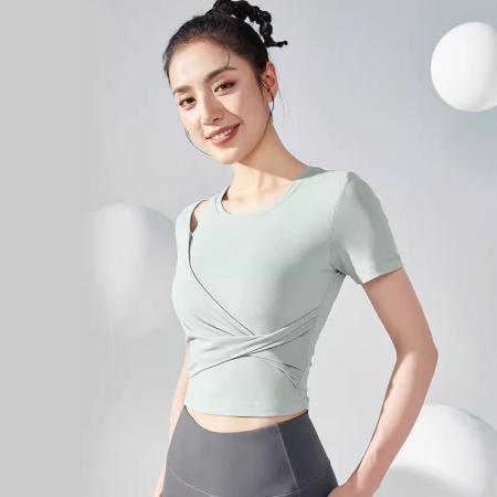 BY16406# 原版韩系运动美学短款透气速干瑜伽T恤女夏季新款薄修身跑步上衣 服裝批發女裝批發服飾貨源