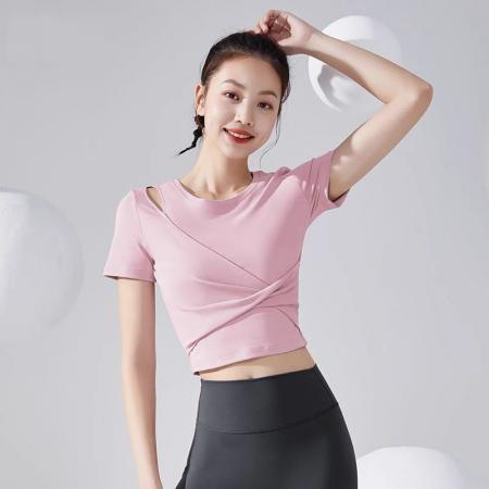BY16406# 原版韩系运动美学短款透气速干瑜伽T恤女夏季新款薄修身跑步上衣 服裝批發女裝批發服飾貨源