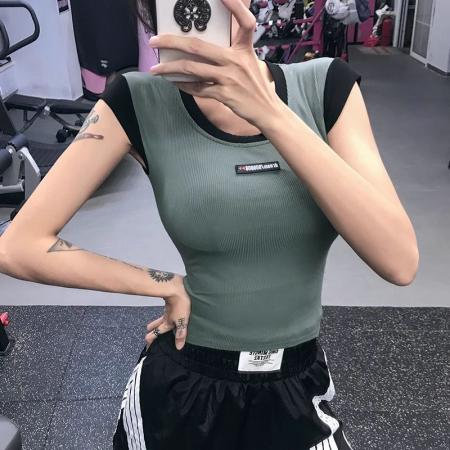 BY16408# 原版人棉薄款速干透气紧身运动短袖T恤女夏健身瑜伽舞蹈上衣 服裝批發女裝批發服飾貨源