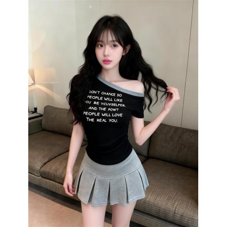 BY16409# 夏上新减龄收腰设计斜肩撞色印花短袖T恤女修身上衣  服裝批發女裝批發服飾貨源