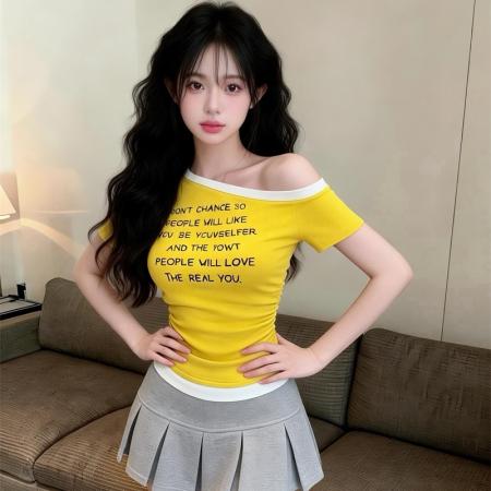 BY16409# 夏上新减龄收腰设计斜肩撞色印花短袖T恤女修身上衣  服裝批發女裝批發服飾貨源