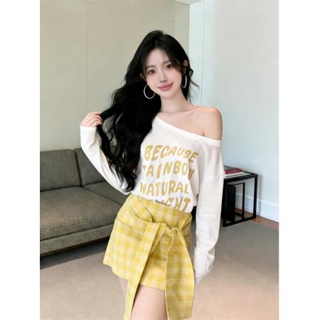 BY16411# 春夏韩系薄款斜肩长袖T恤女上衣+格子绑带包臀裙套装女  服裝批發女裝批發服飾貨源