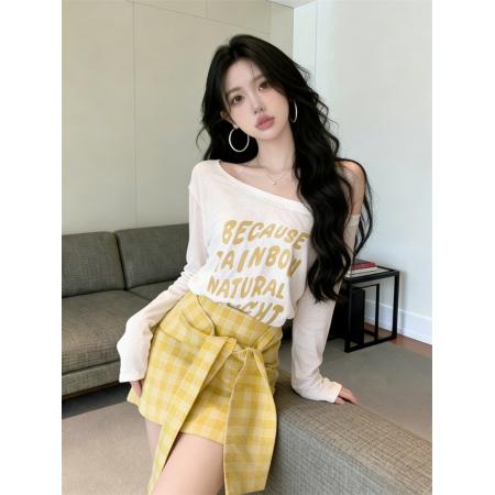 BY16411# 春夏韩系薄款斜肩长袖T恤女上衣+格子绑带包臀裙套装女  服裝批發女裝批發服飾貨源
