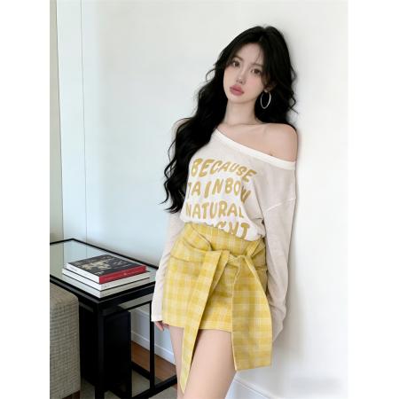 BY16411# 春夏韩系薄款斜肩长袖T恤女上衣+格子绑带包臀裙套装女  服裝批發女裝批發服飾貨源