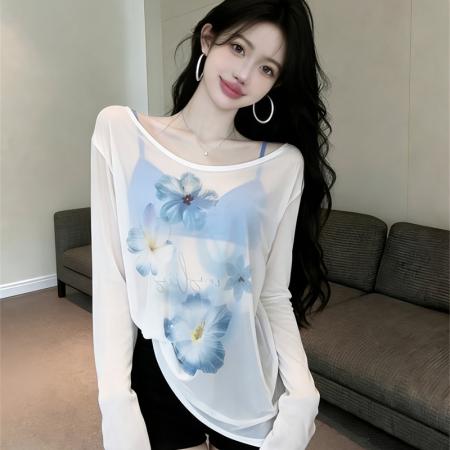 BY16414# 减龄设计长袖防晒衫女新款夏季印花t恤宽松露肩斜肩上衣女  服裝批發女裝批發服飾貨源