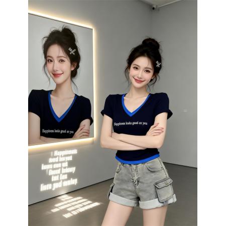 BY16415# 夏上新基础款收腰显瘦撞色V领短袖T恤女修身上衣打底衫  服裝批發女裝批發服飾貨源