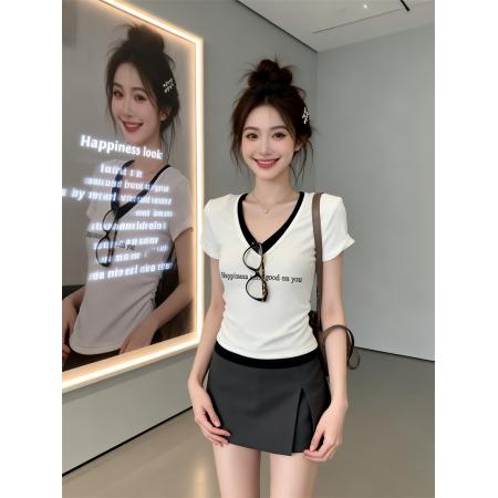 BY16415# 夏上新基础款收腰显瘦撞色V领短袖T恤女修身上衣打底衫  服裝批發女裝批發服飾貨源