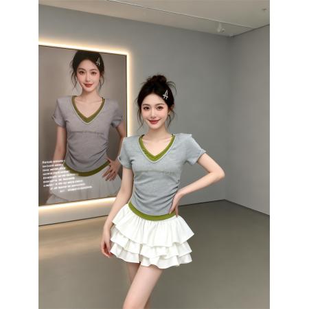 BY16415# 夏上新基础款收腰显瘦撞色V领短袖T恤女修身上衣打底衫  服裝批發女裝批發服飾貨源