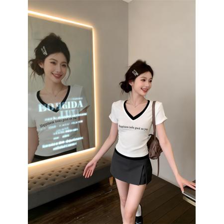 BY16415# 夏上新基础款收腰显瘦撞色V领短袖T恤女修身上衣打底衫  服裝批發女裝批發服飾貨源