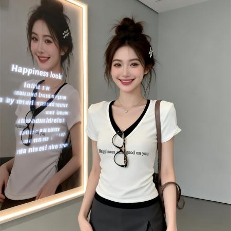 BY16415# 夏上新基础款收腰显瘦撞色V领短袖T恤女修身上衣打底衫  服裝批發女裝批發服飾貨源