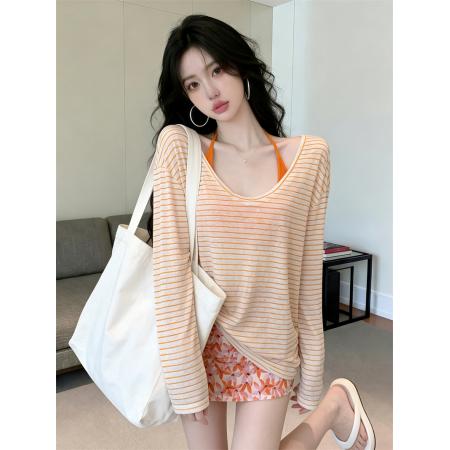 BY16416# 春夏条纹长袖罩衫+绑带挂脖背心+花色包臀半裙三件套装女  服裝批發女裝批發服飾貨源