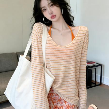 BY16416# 春夏条纹长袖罩衫+绑带挂脖背心+花色包臀半裙三件套装女  服裝批發女裝批發服飾貨源