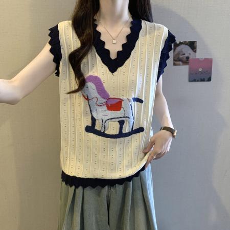 BY16417# 胖mm夏装大码女装新款小马刺绣V领短袖T恤显瘦无袖上衣减龄  服裝批發女裝批發服飾貨源