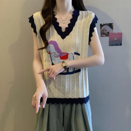 BY16417# 胖mm夏装大码女装新款小马刺绣V领短袖T恤显瘦无袖上衣减龄  服裝批發女裝批發服飾貨源