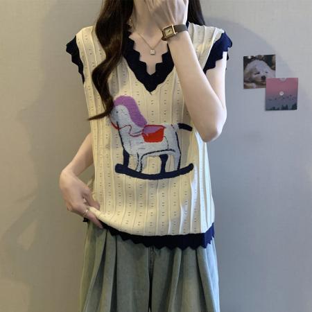 BY16417# 胖mm夏装大码女装新款小马刺绣V领短袖T恤显瘦无袖上衣减龄  服裝批發女裝批發服飾貨源