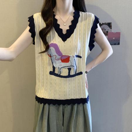 BY16417# 胖mm夏装大码女装新款小马刺绣V领短袖T恤显瘦无袖上衣减龄  服裝批發女裝批發服飾貨源