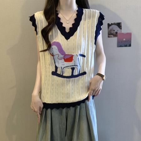 BY16417# 胖mm夏装大码女装新款小马刺绣V领短袖T恤显瘦无袖上衣减龄  服裝批發女裝批發服飾貨源