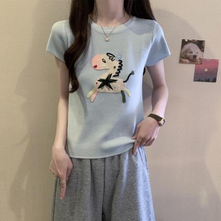 BY16418# 胖mm夏装大码女装新款圆领小马图案短袖T恤显瘦冰丝上衣减龄  服裝批發女裝批發服飾貨源