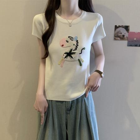 BY16418# 胖mm夏装大码女装新款圆领小马图案短袖T恤显瘦冰丝上衣减龄  服裝批發女裝批發服飾貨源
