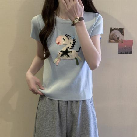 BY16418# 胖mm夏装大码女装新款圆领小马图案短袖T恤显瘦冰丝上衣减龄  服裝批發女裝批發服飾貨源